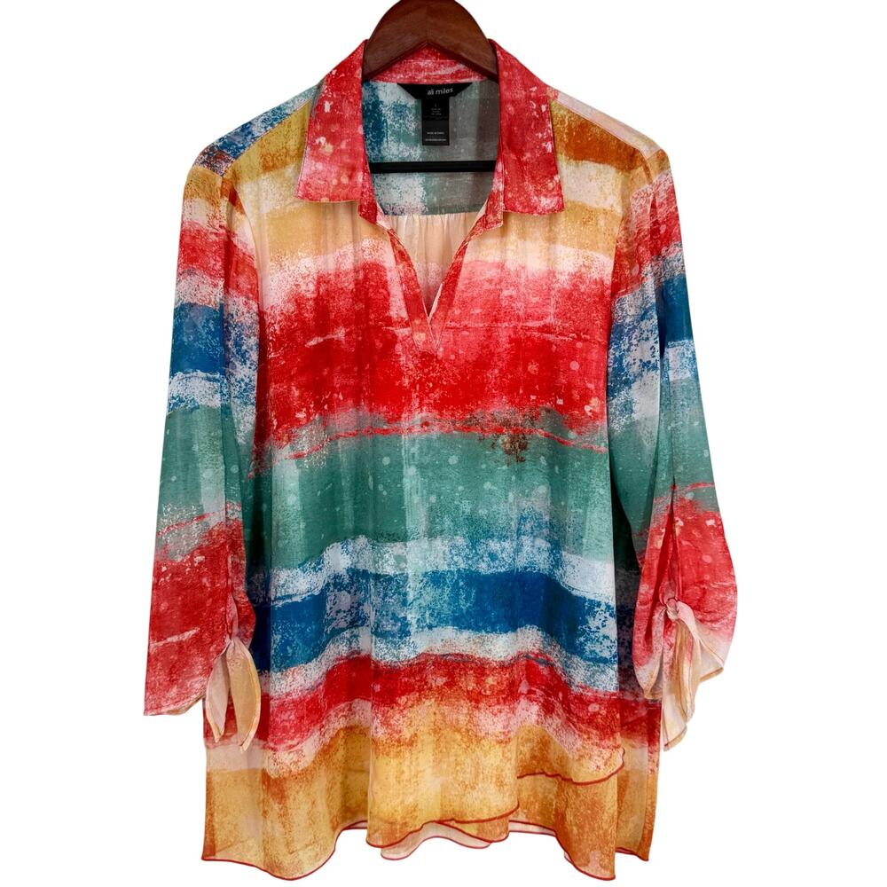 Ali Miles Sz Large Sheer Tropical Beachy Wearable Art to Wear Blouse Shirt Top